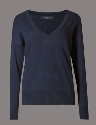 Loose Fit V Neck Jumper with Wool